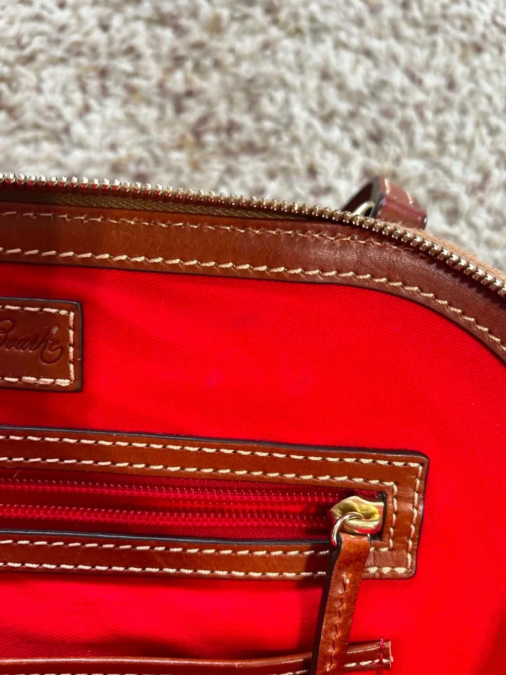 Dooney & Bourke Red and Brown Pebbled Leather Satchel with Shoulder Strap